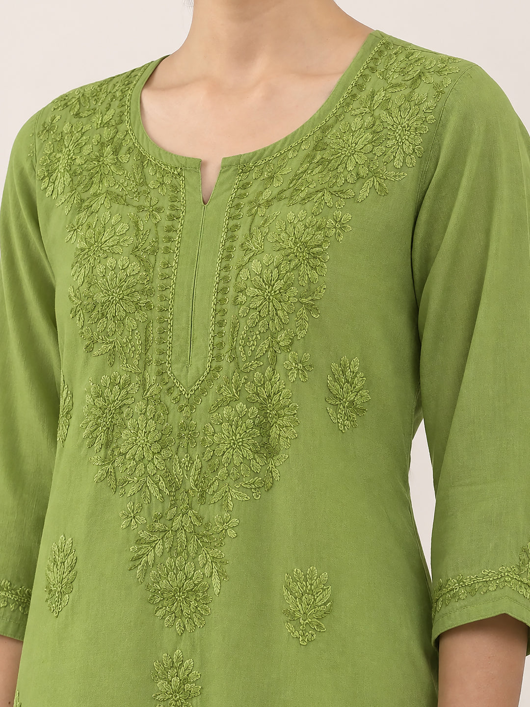 Saanvika Rayon Straight Kurta showcasing intricate handcrafted-style Chikankari embroidery, elegant neckline, three-quarter sleeves and straight hemline