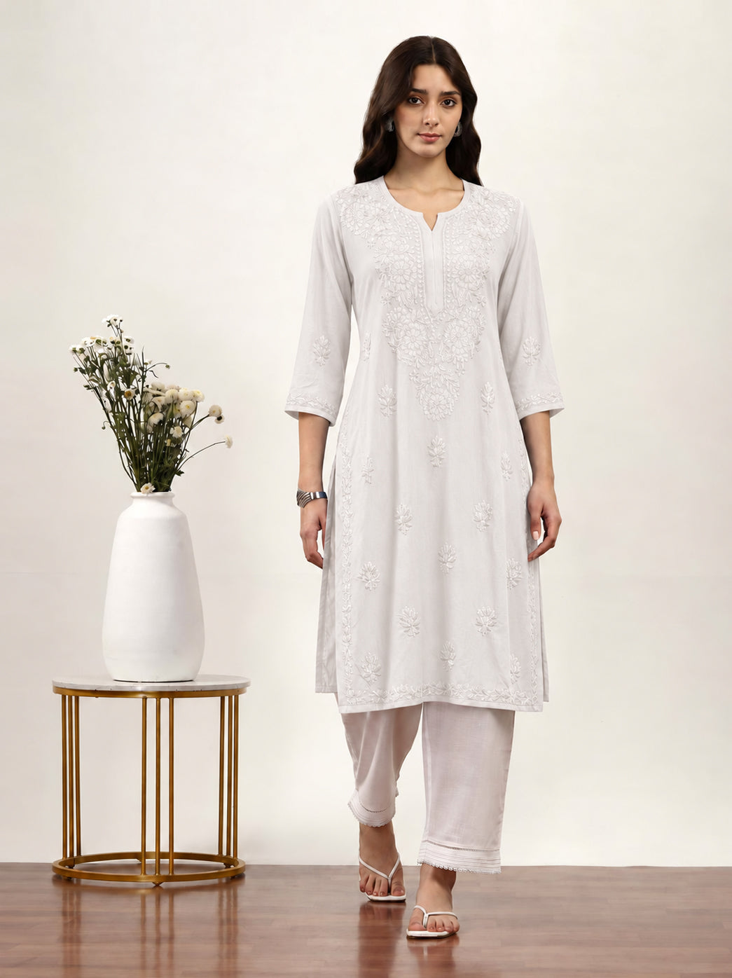 Saanvika Rayon Straight Kurta for women styled as a versatile ethnic outfit with Chikankari embroidery, three-quarter sleeves and comfortable straight-fit design