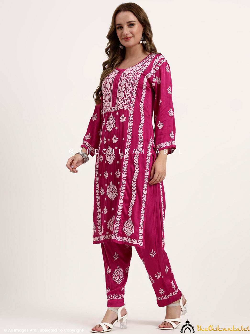 Sadia Satin Modal Chikankari Kurta Set - Hot Pink