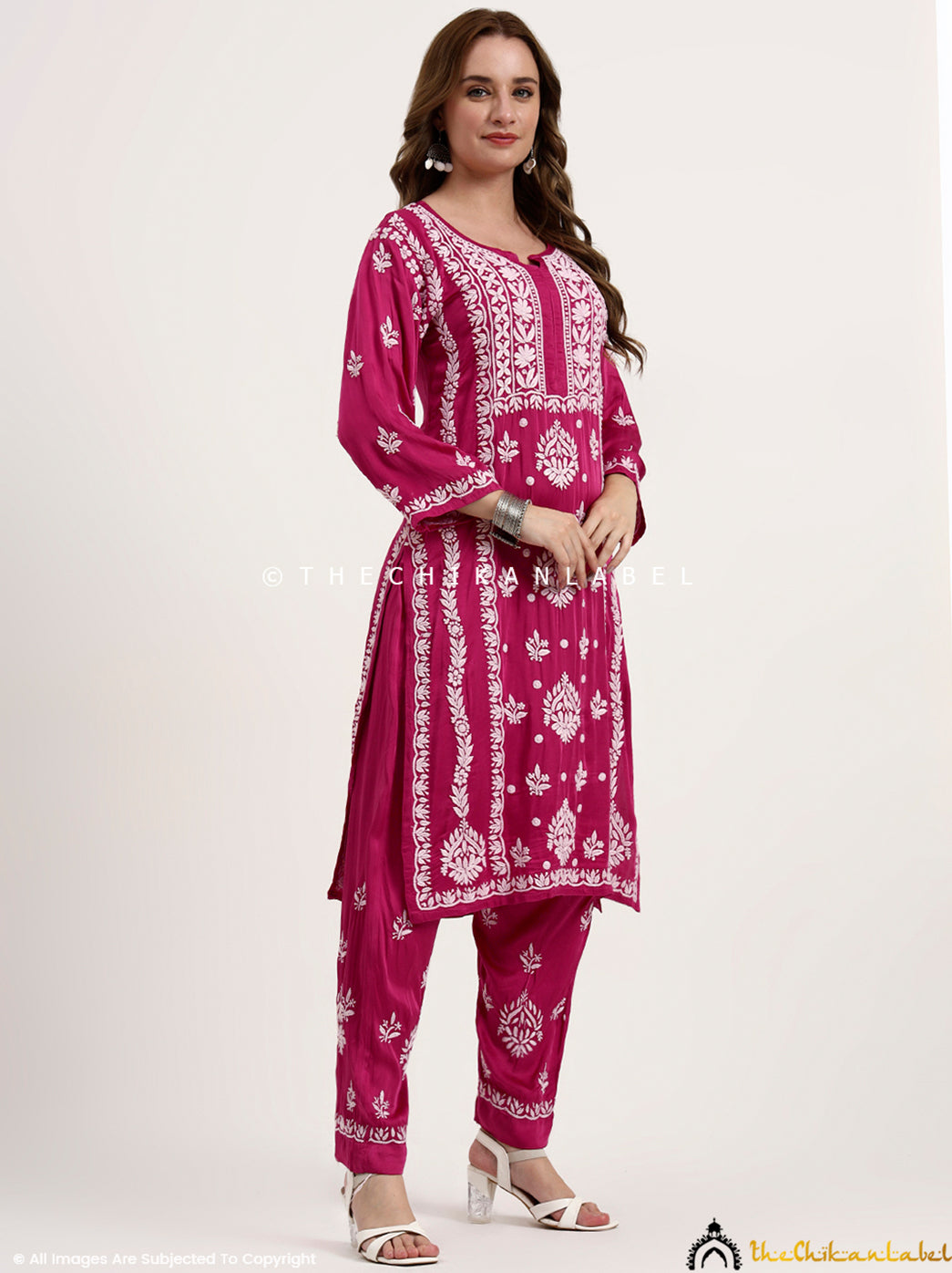 Sadia Satin Modal Chikankari Kurta Set - Hot Pink