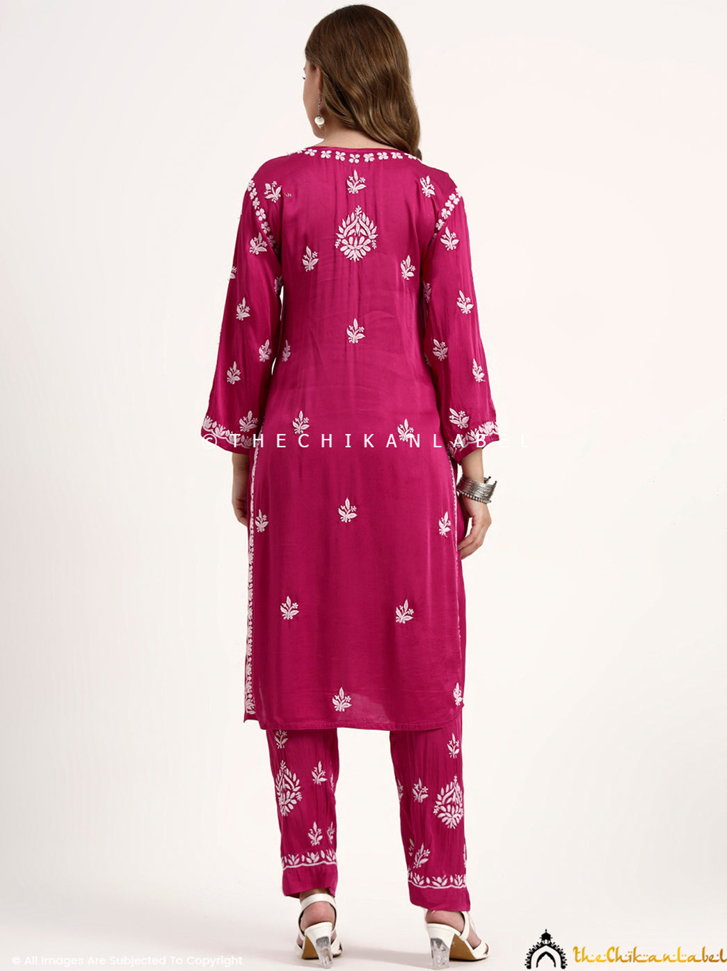 Sadia Satin Modal Chikankari Kurta Set - Hot Pink