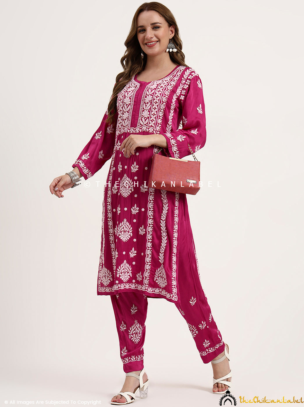 Sadia Satin Modal Chikankari Kurta Set - Hot Pink