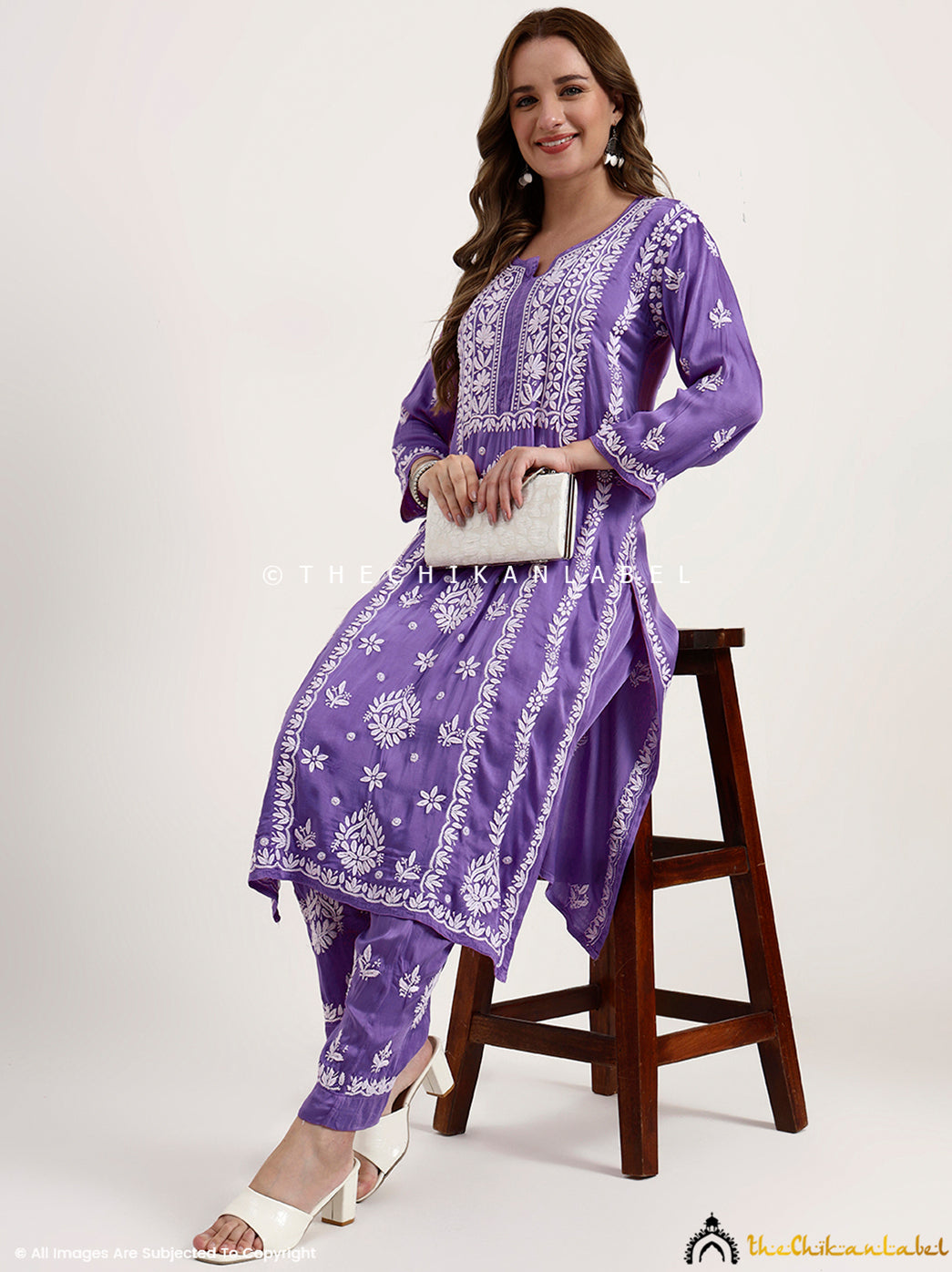 Sadia Satin Modal Chikankari Kurta Set - Lavender