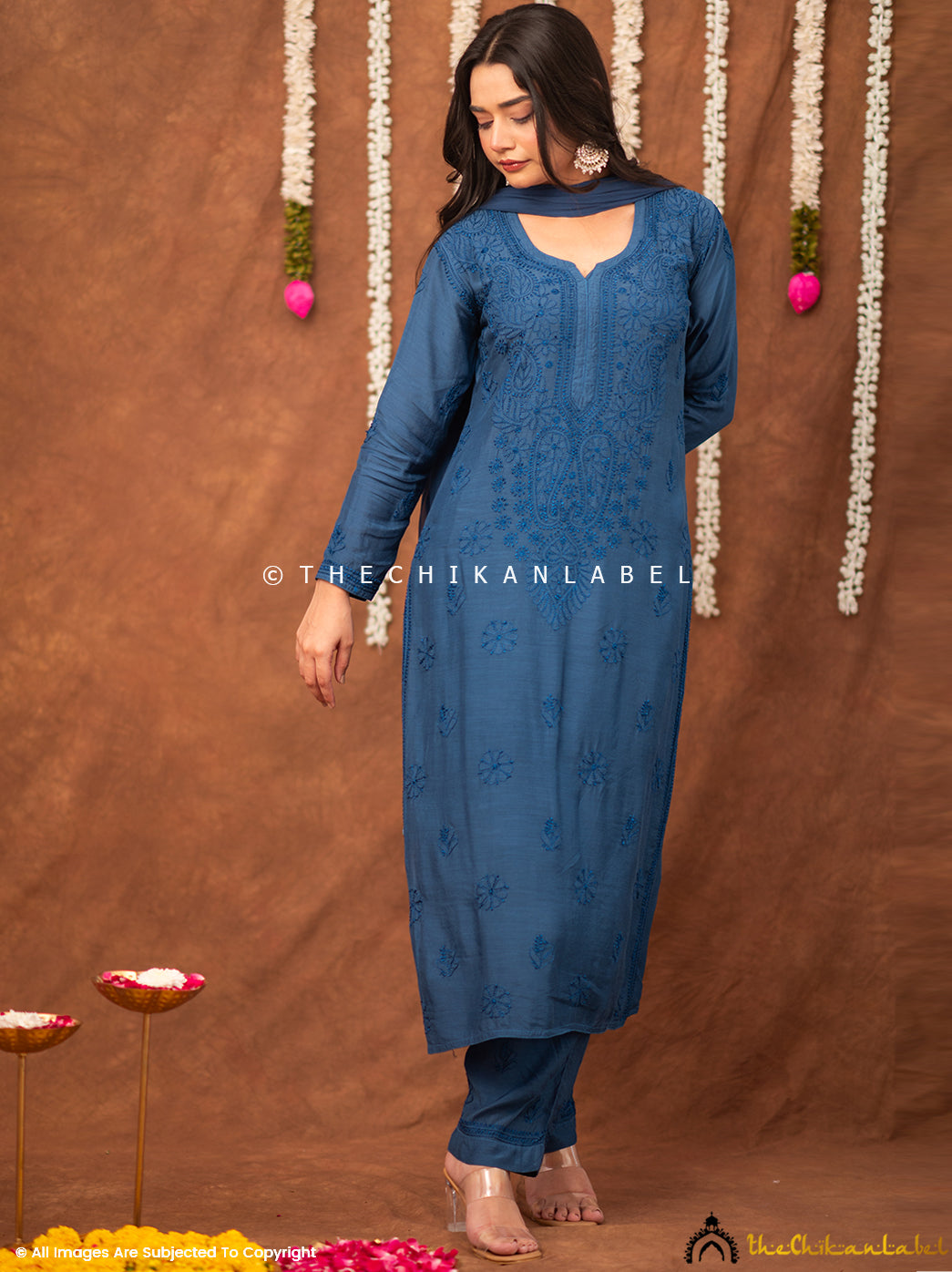 Samaira Muslin Chikankari Straight Kurta Set with Dupatta - Blue