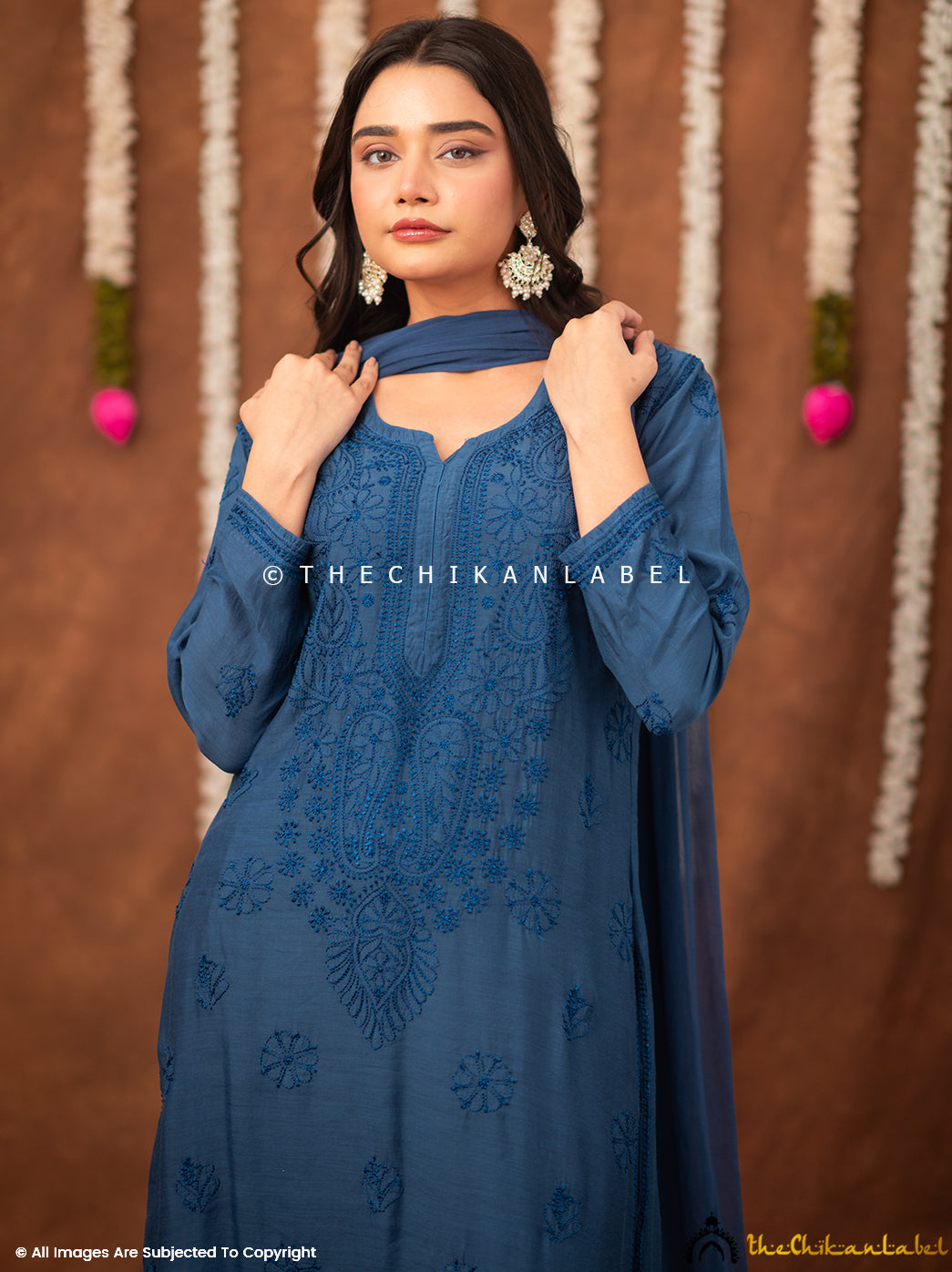 Samaira Muslin Chikankari Straight Kurta Set with Dupatta - Blue