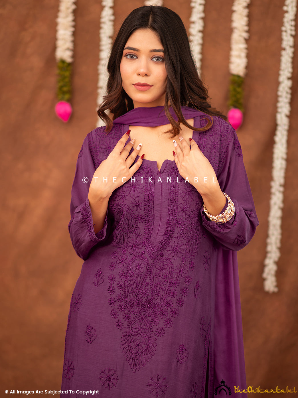 Samaira Muslin Chikankari Straight Kurta Set with Dupatta - Purple