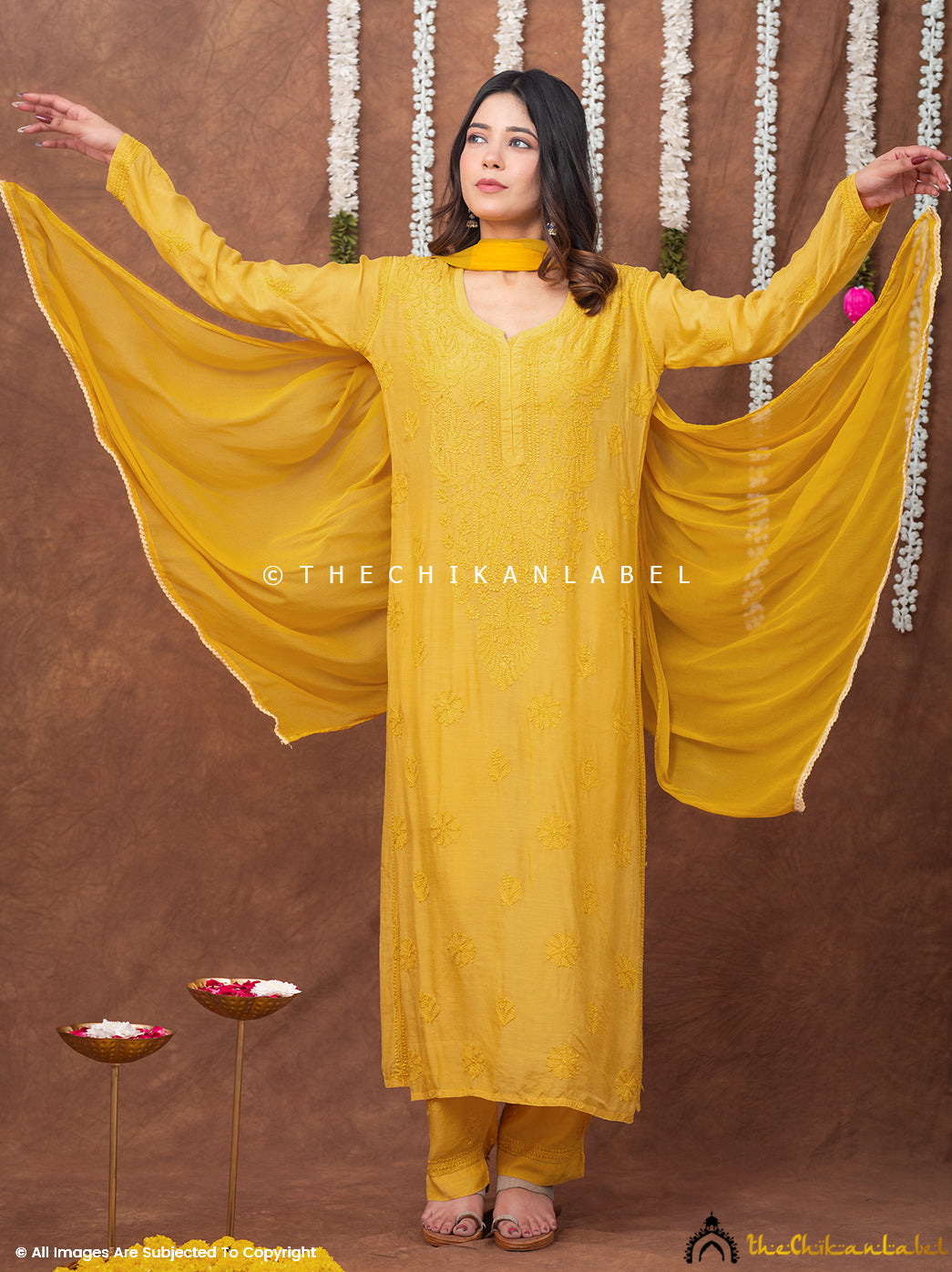 Samaira Muslin Chikankari Straight Kurta Set with Dupatta - Yellow