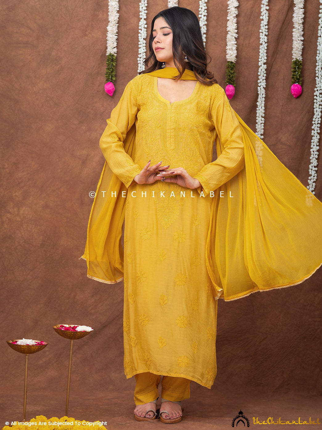 Samaira Muslin Chikankari Straight Kurta Set with Dupatta - Yellow