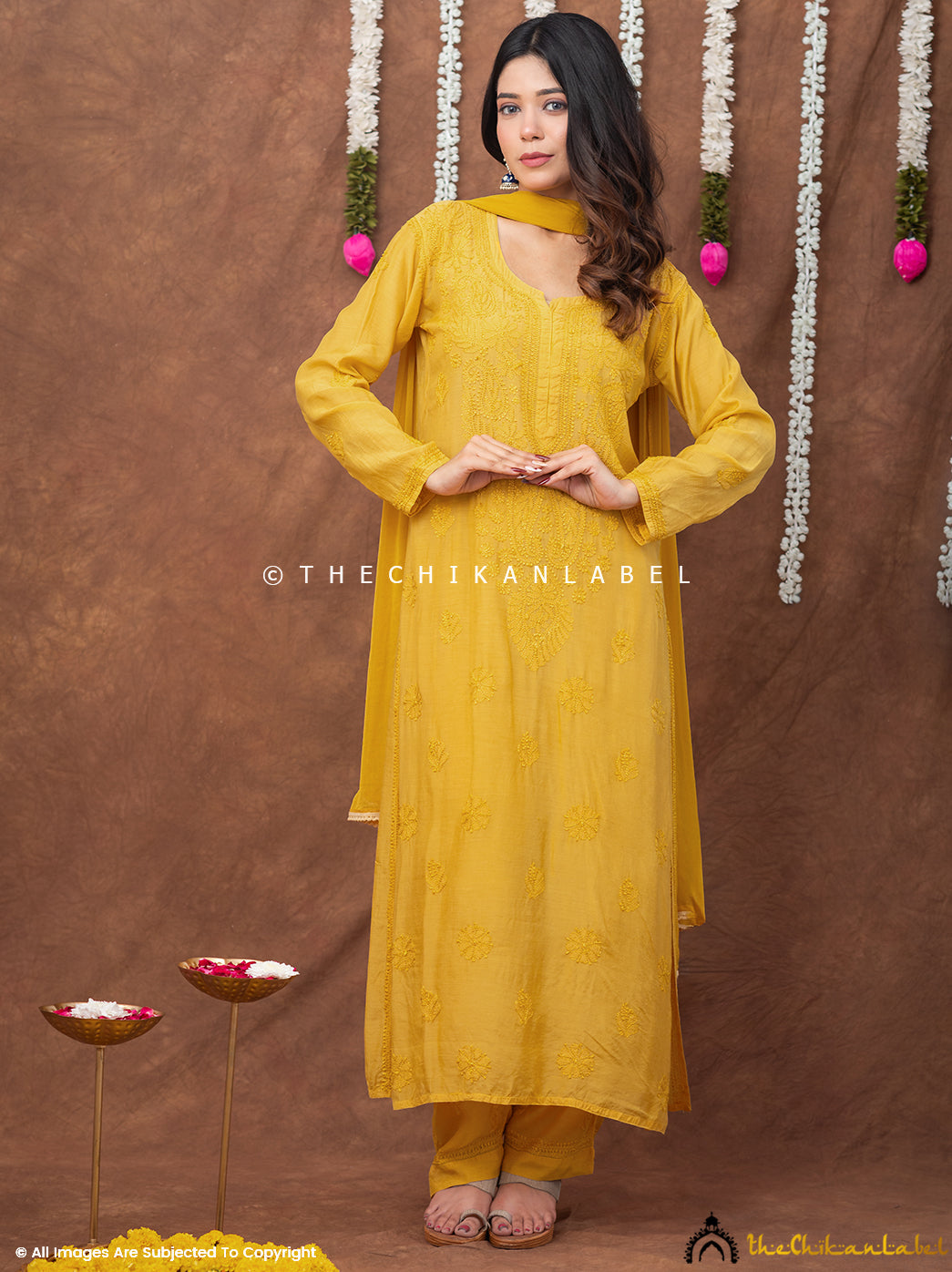 Samaira Muslin Chikankari Straight Kurta Set with Dupatta - Yellow