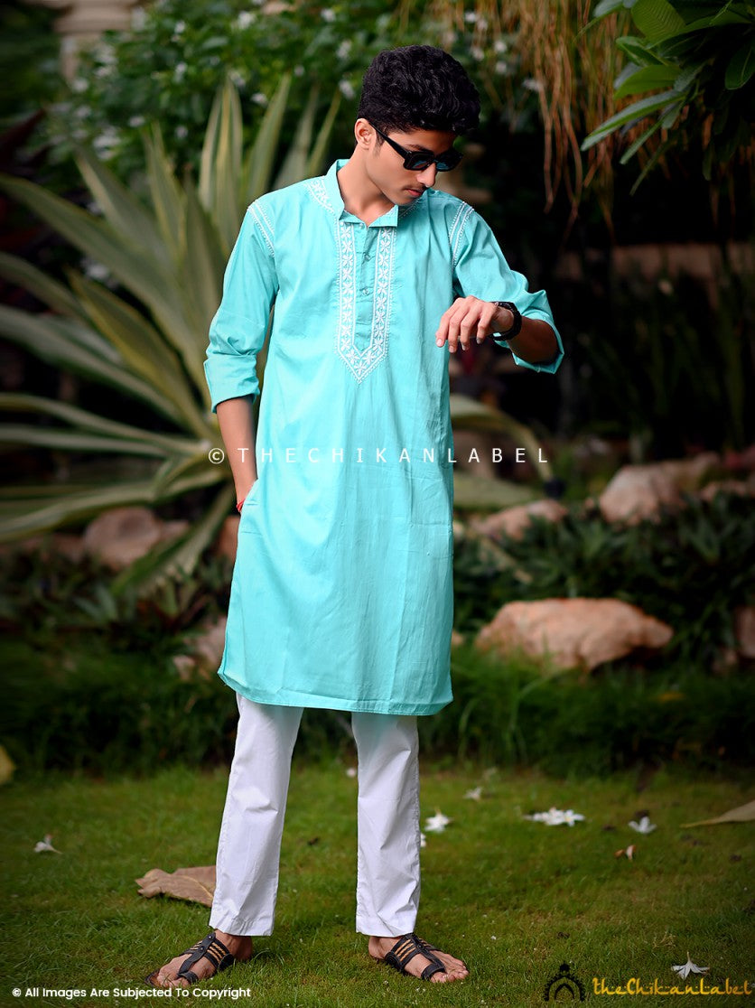 Sea Green Uman Cotton Chikankari Men's Kurta , Chikankari Men's Kurta in Cotton fabric For Woman