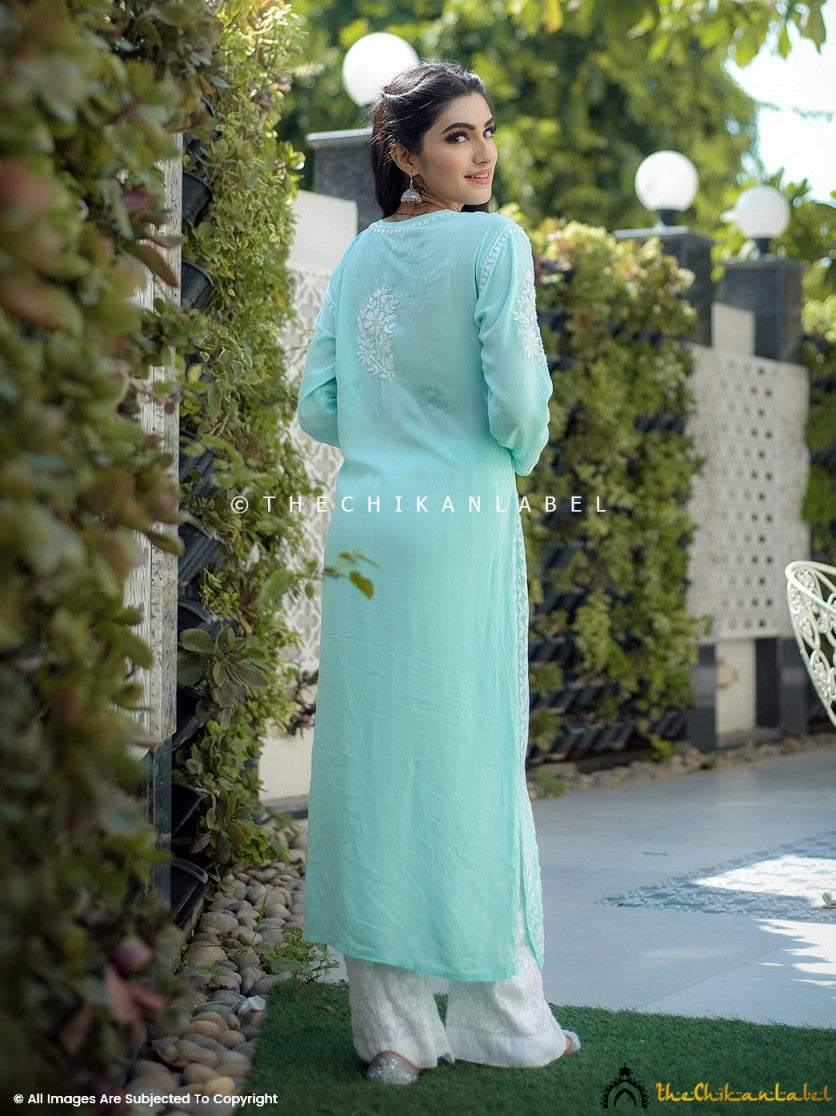 Lucknowi chikankari kurti in calming sea green tone