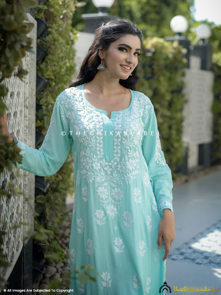 Idaya sea green kurti with white hand embroidery