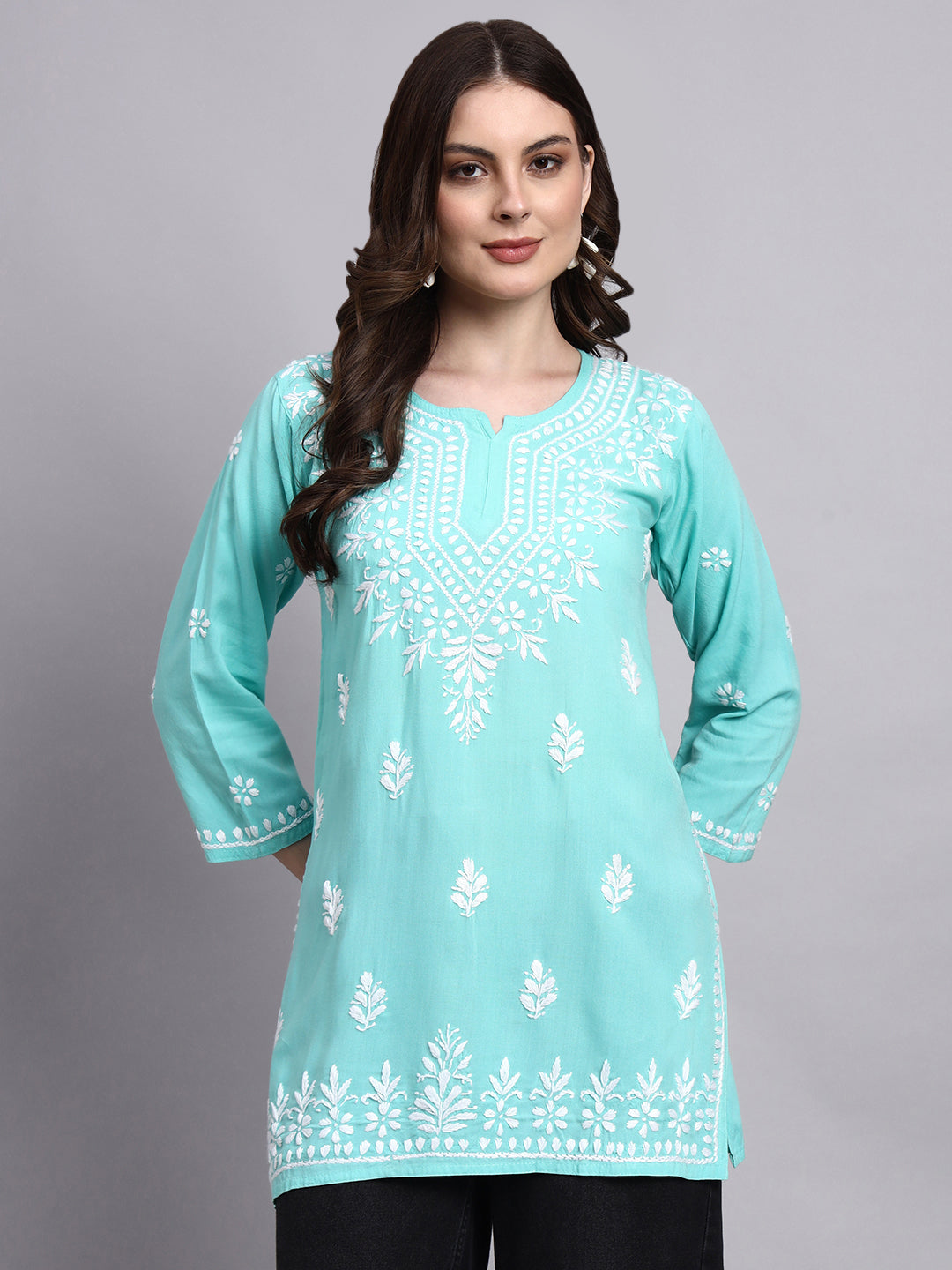 Traditional handmade chikankari short kurta with minimal embroidery accents for everyday ethnic styling