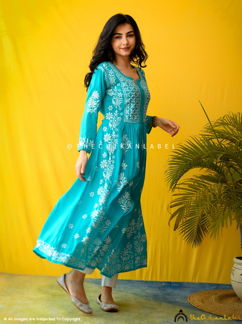 Elegant full-length A-line kurti in sea green with hand embroidery