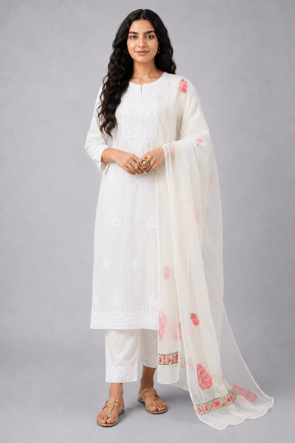 Pink Semi Organza Chikankari Dupatta