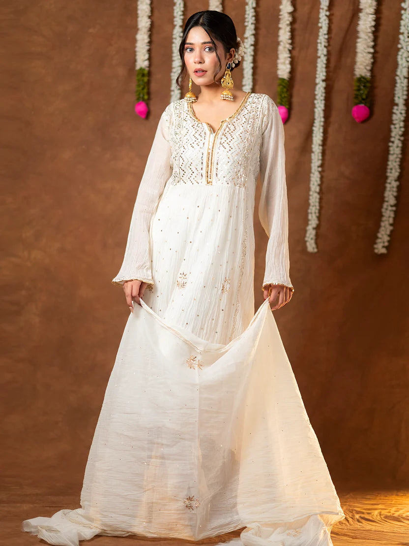 Shanaya Mul Chanderi Chikankari Kurta Set - White