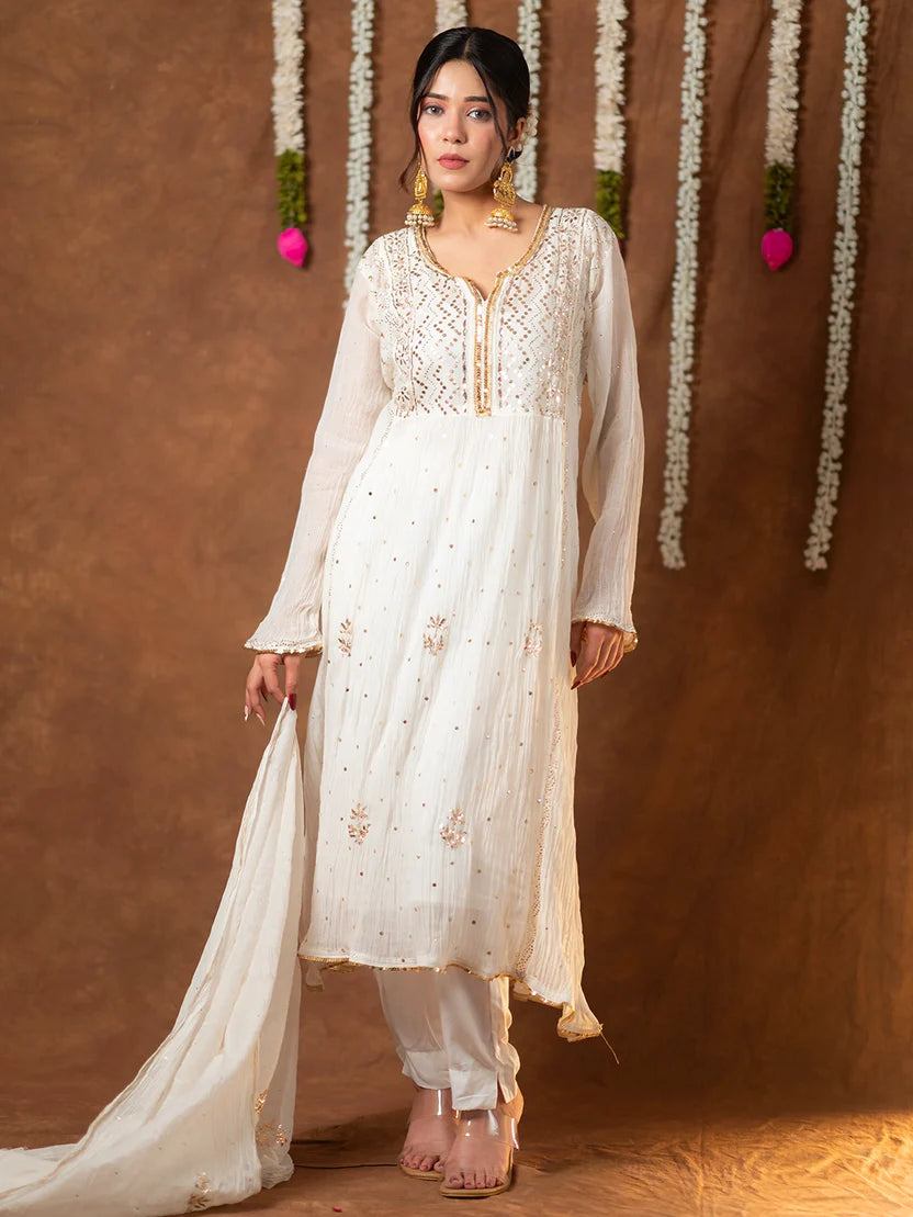 Shanaya Mul Chanderi Chikankari Kurta Set - White