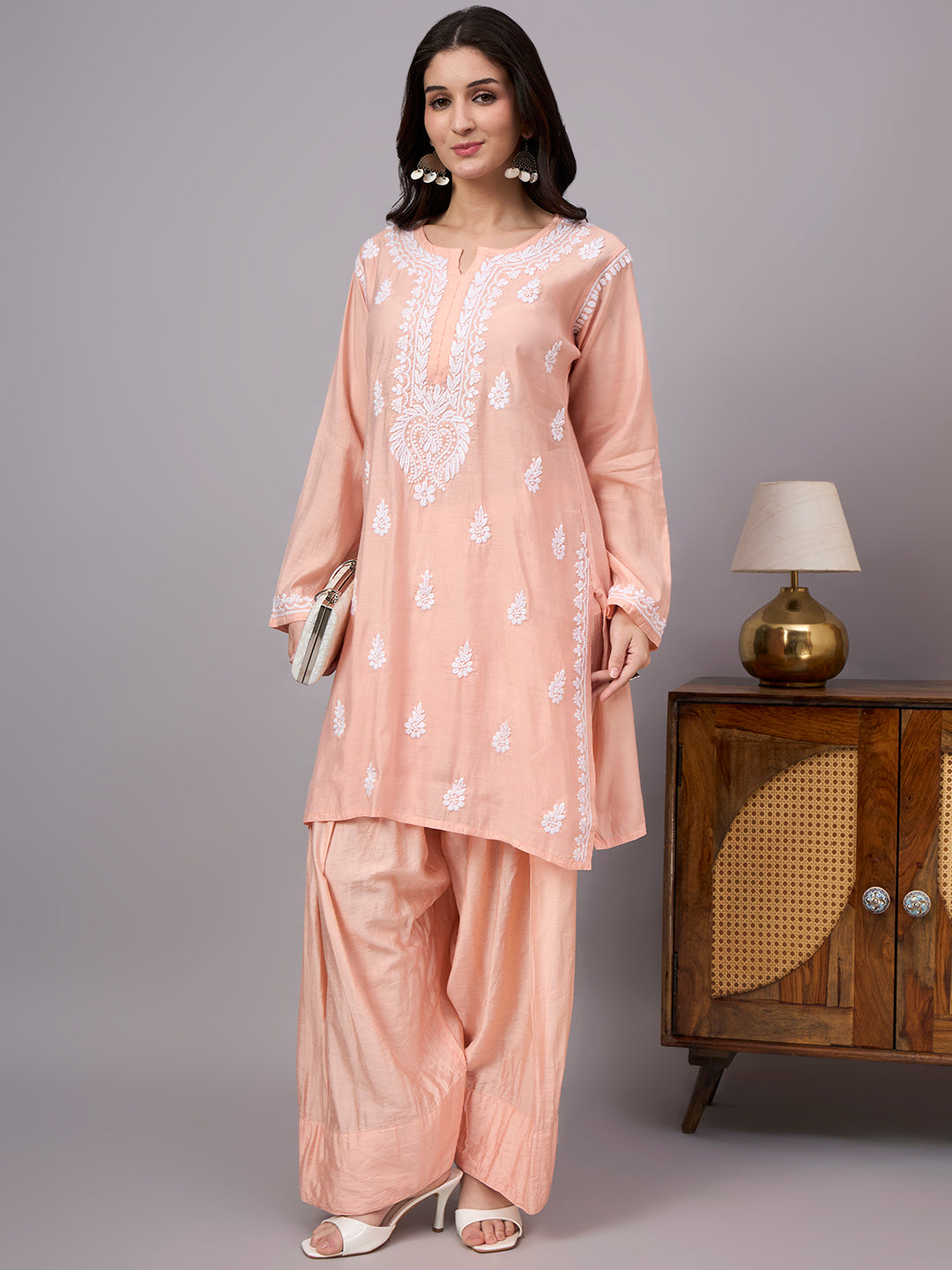 Chanderi Kurta Farshi Set featuring authentic Lucknowi Chikankari embroidery with handcrafted detailing and traditional royal ethnic styling for women