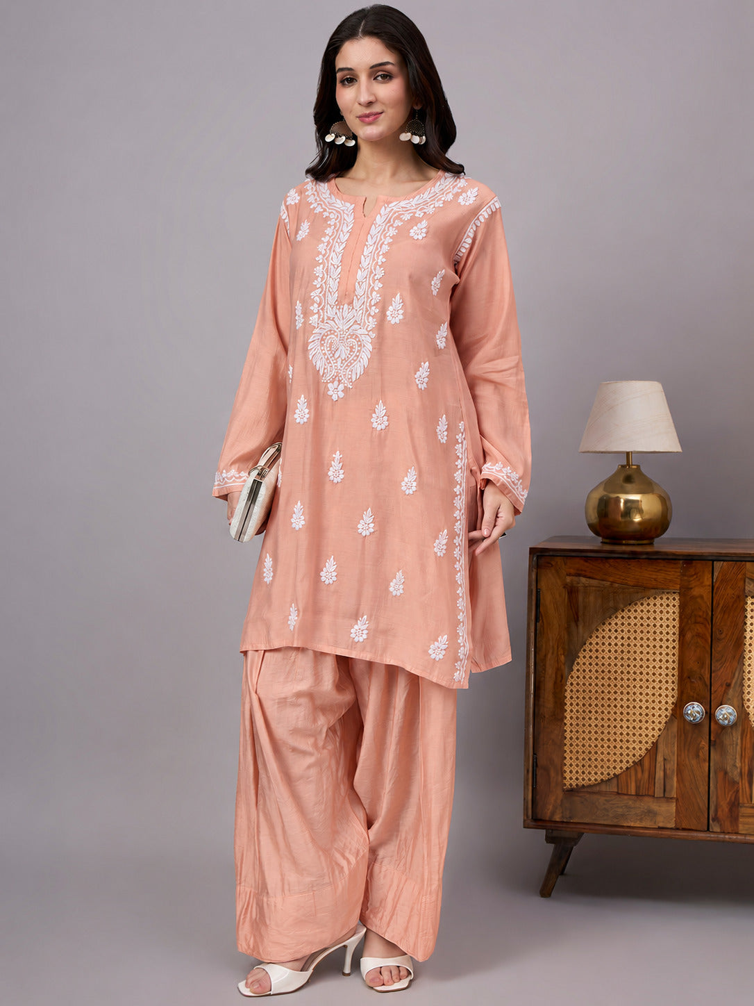 Sharvi Chanderi Chikankari Kurta Farshi Salwar Set - Peach