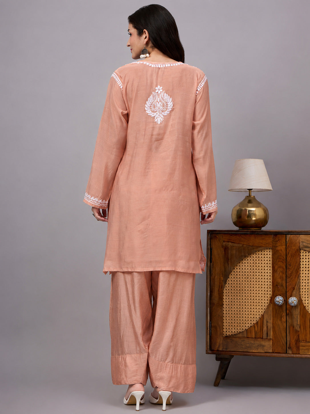Sharvi Chanderi Chikankari Kurta Farshi Salwar Set - Peach