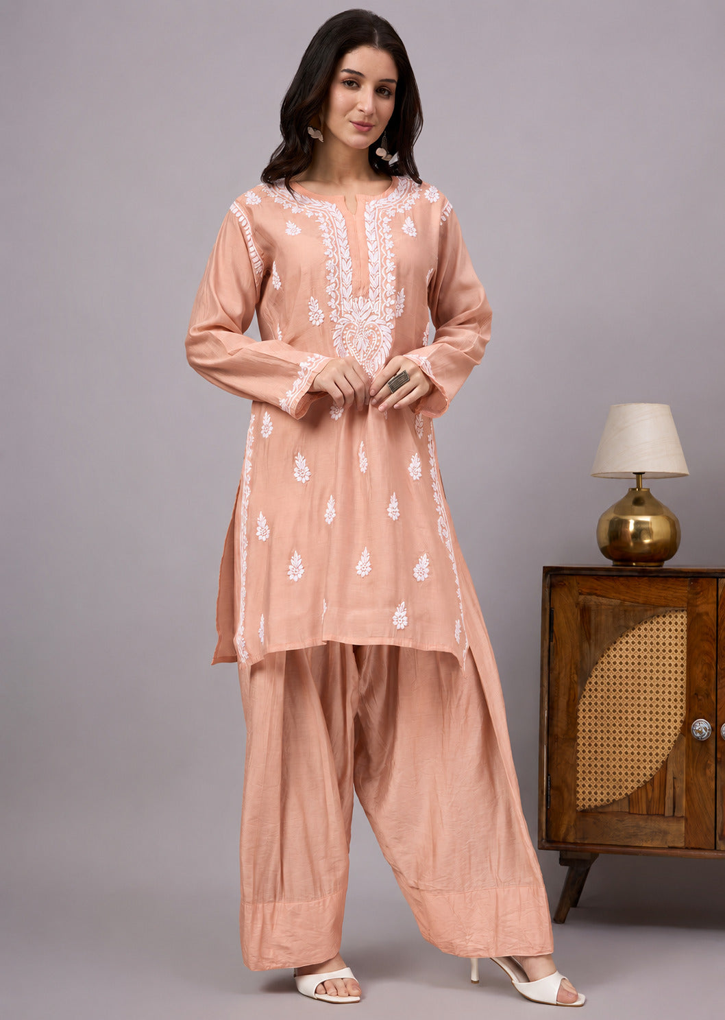 Sharvi Chanderi Chikankari Kurta Farshi Salwar Set - Peach