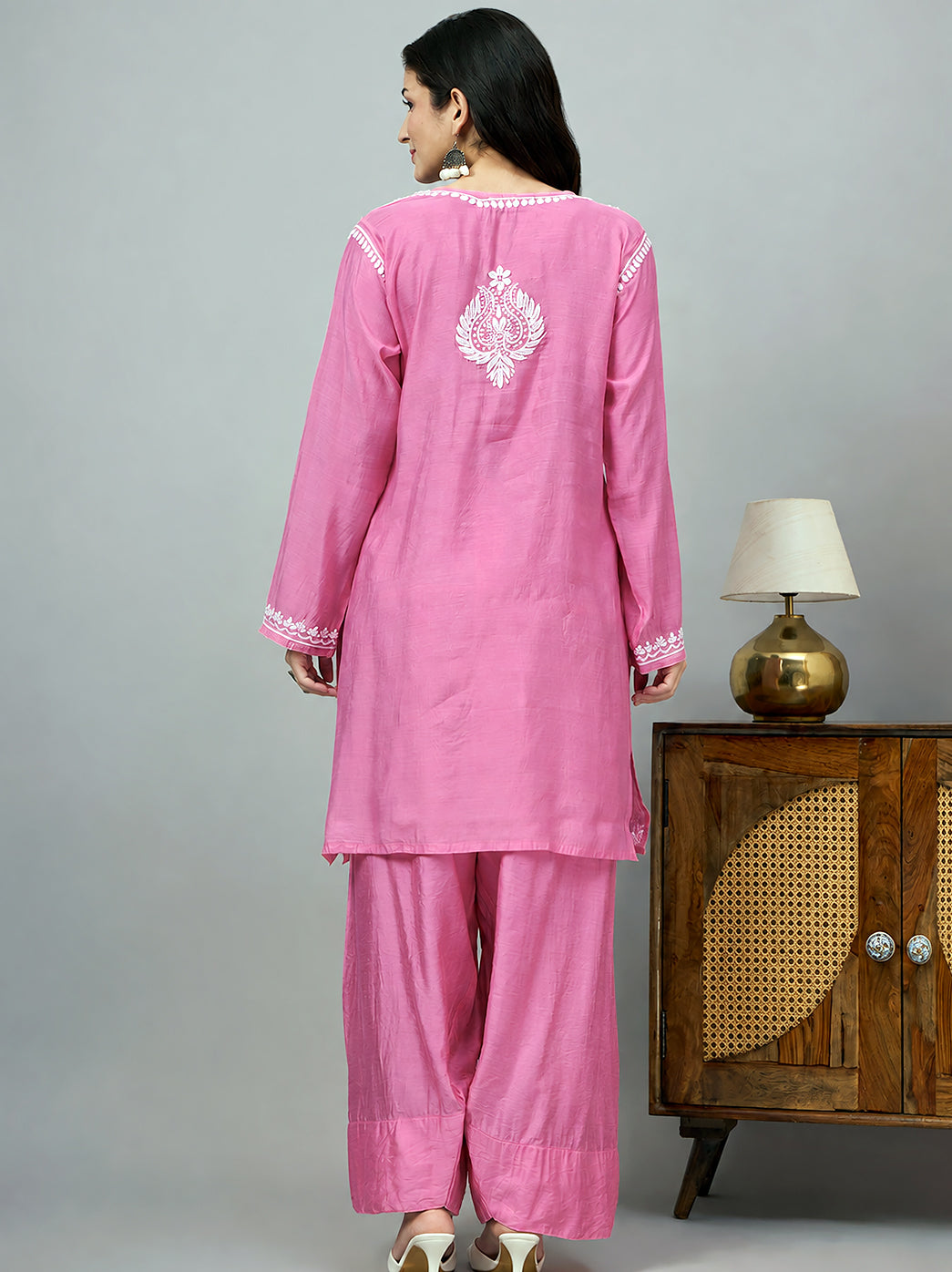 Sharvi Chanderi Chikankari Kurta Farshi Salwar Set - Pink