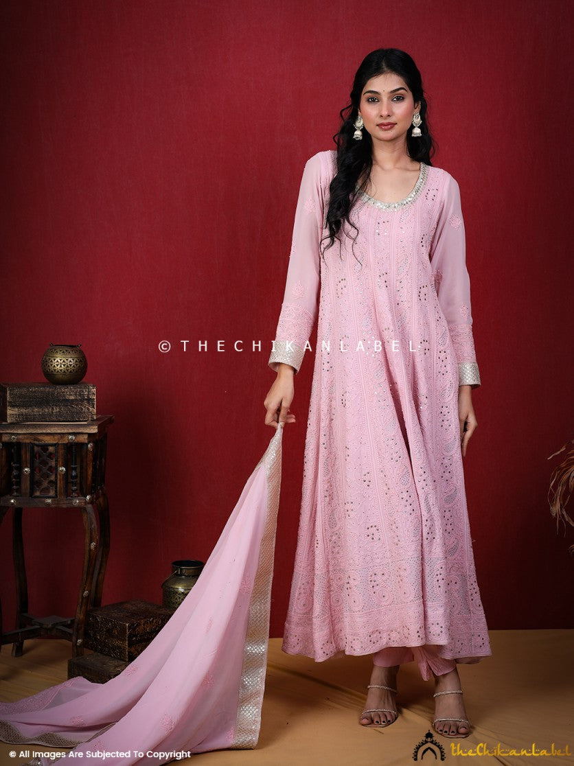 Shraddha Kapoor Pink Chikankari Anarkali Set ,Chikankari Anarkali Set in Viscose Fabric For Woman