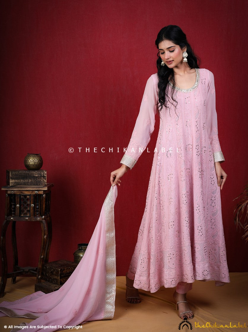 Shraddha Kapoor Pink Chikankari Anarkali Set ,Chikankari Anarkali Set in Viscose Fabric For Woman