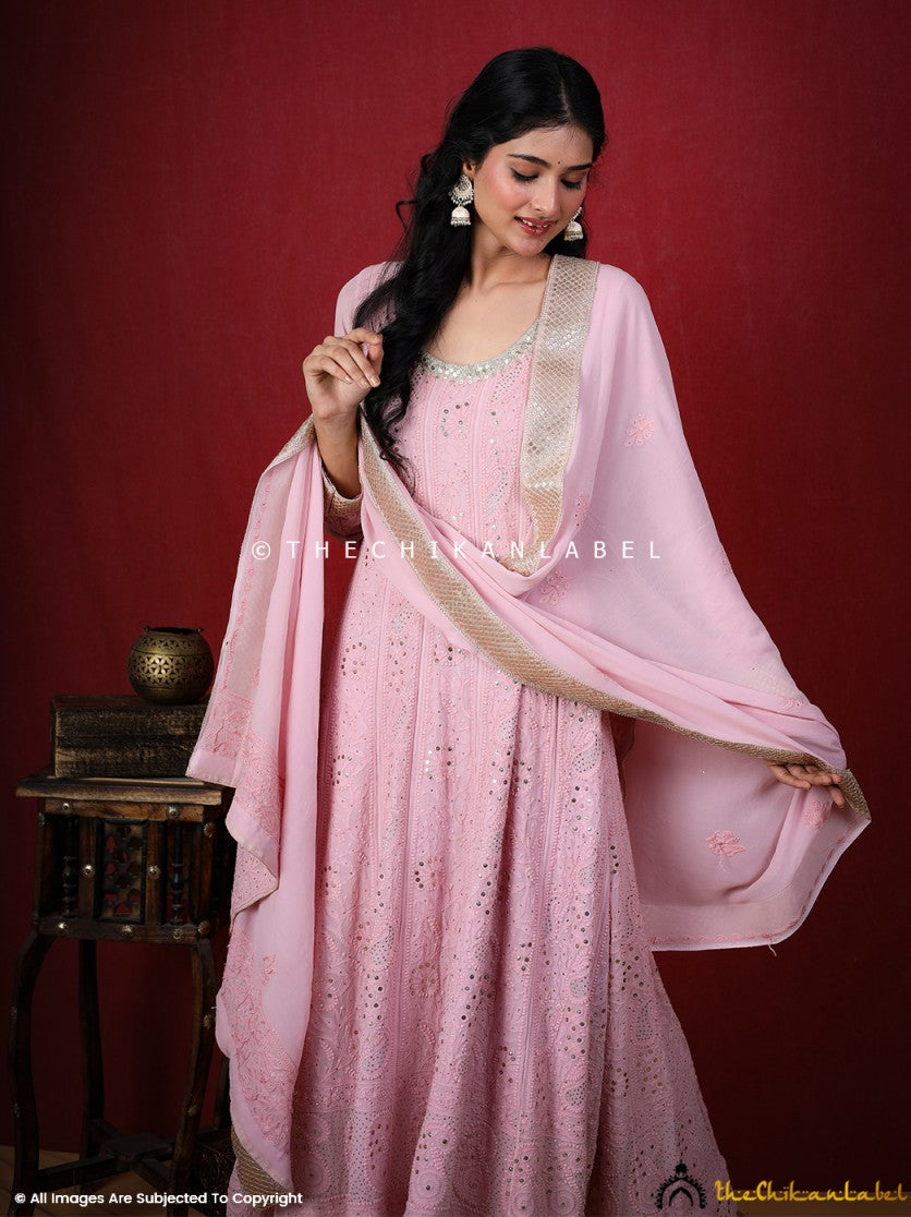 Shraddha Kapoor Pink Chikankari Anarkali Set ,Chikankari Anarkali Set in Viscose Fabric For Woman