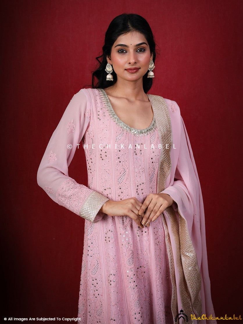 Shraddha Kapoor Pink Chikankari Anarkali Set ,Chikankari Anarkali Set in Viscose Fabric For Woman