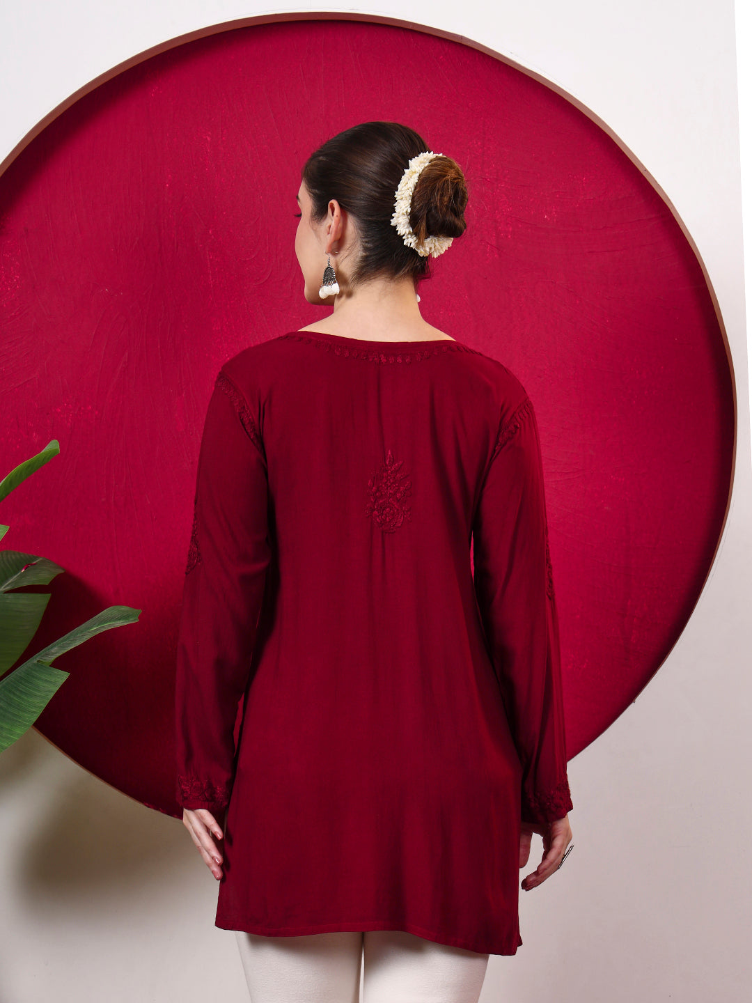 Shruti Rayon Short Kurti for office and casual wear featuring elegant Chikankari detailing, a flattering notched neckline and an easy regular fit for all-day comfort.