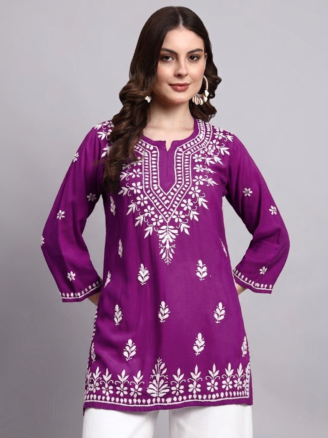 Handmade rayon chikankari short kurta