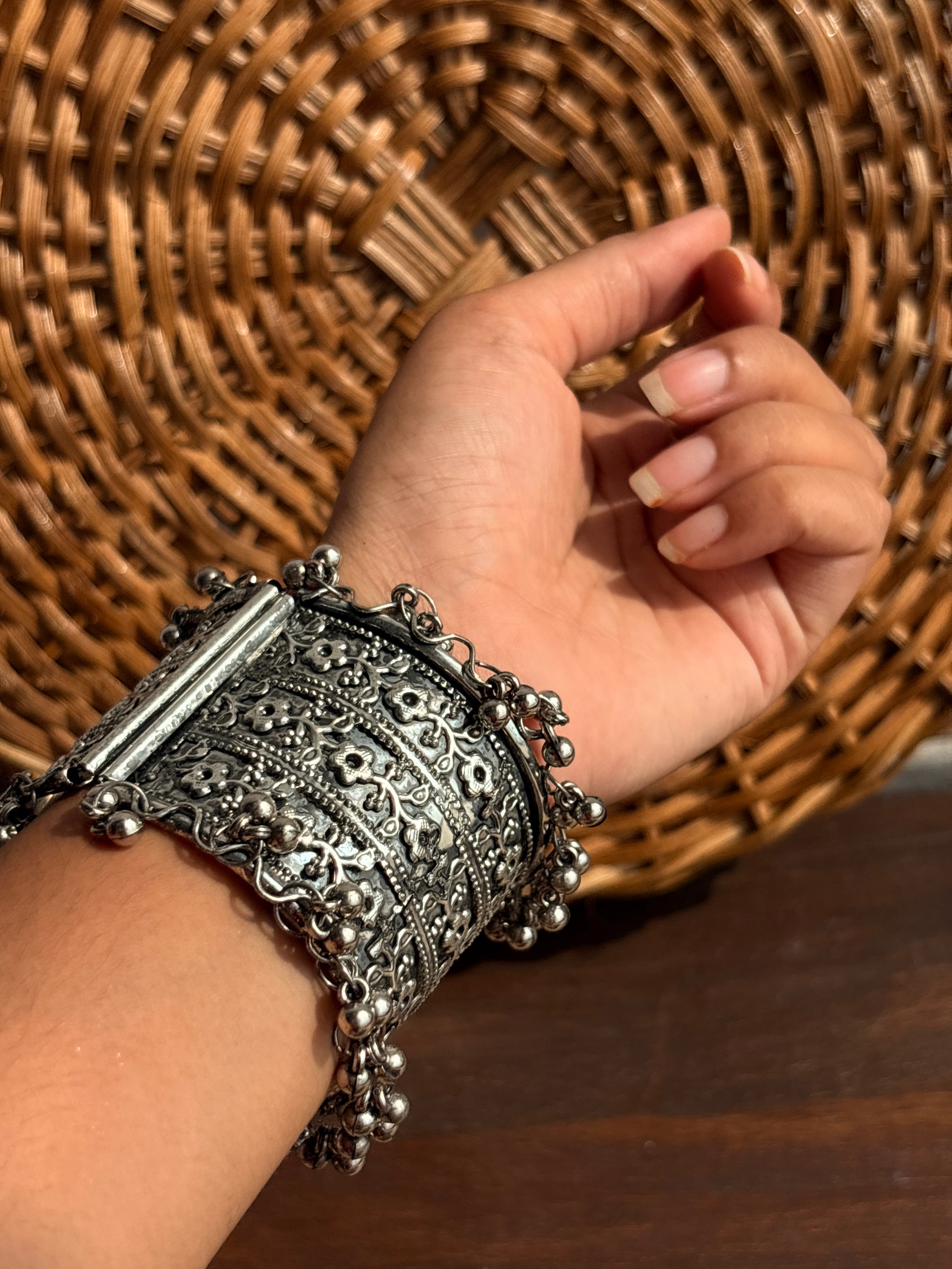 Zariya Oxidised Silver-Tone Ghungroo Broad Cuff Bracelet