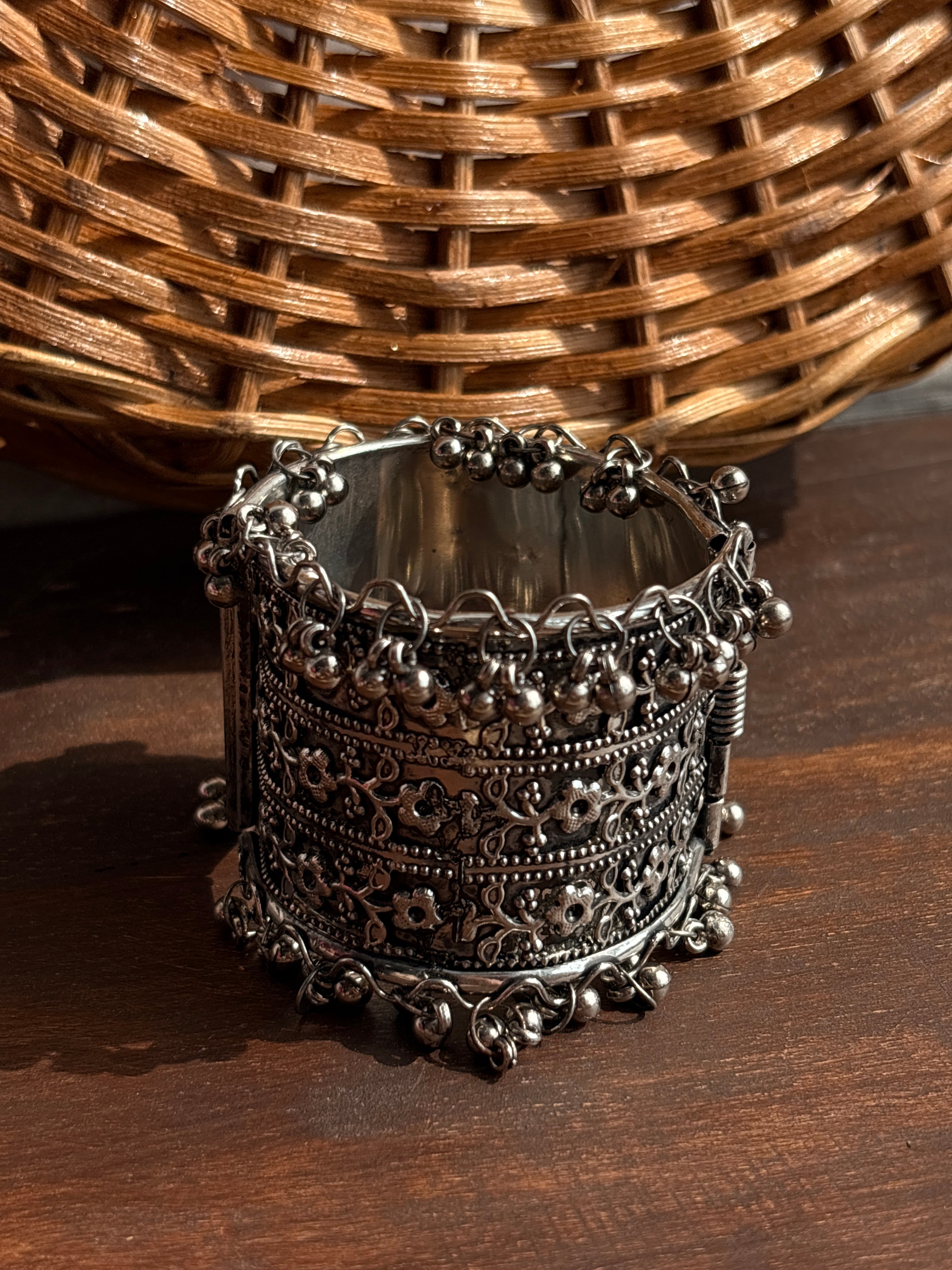 Zariya Oxidised Silver-Tone Ghungroo Broad Cuff Bracelet