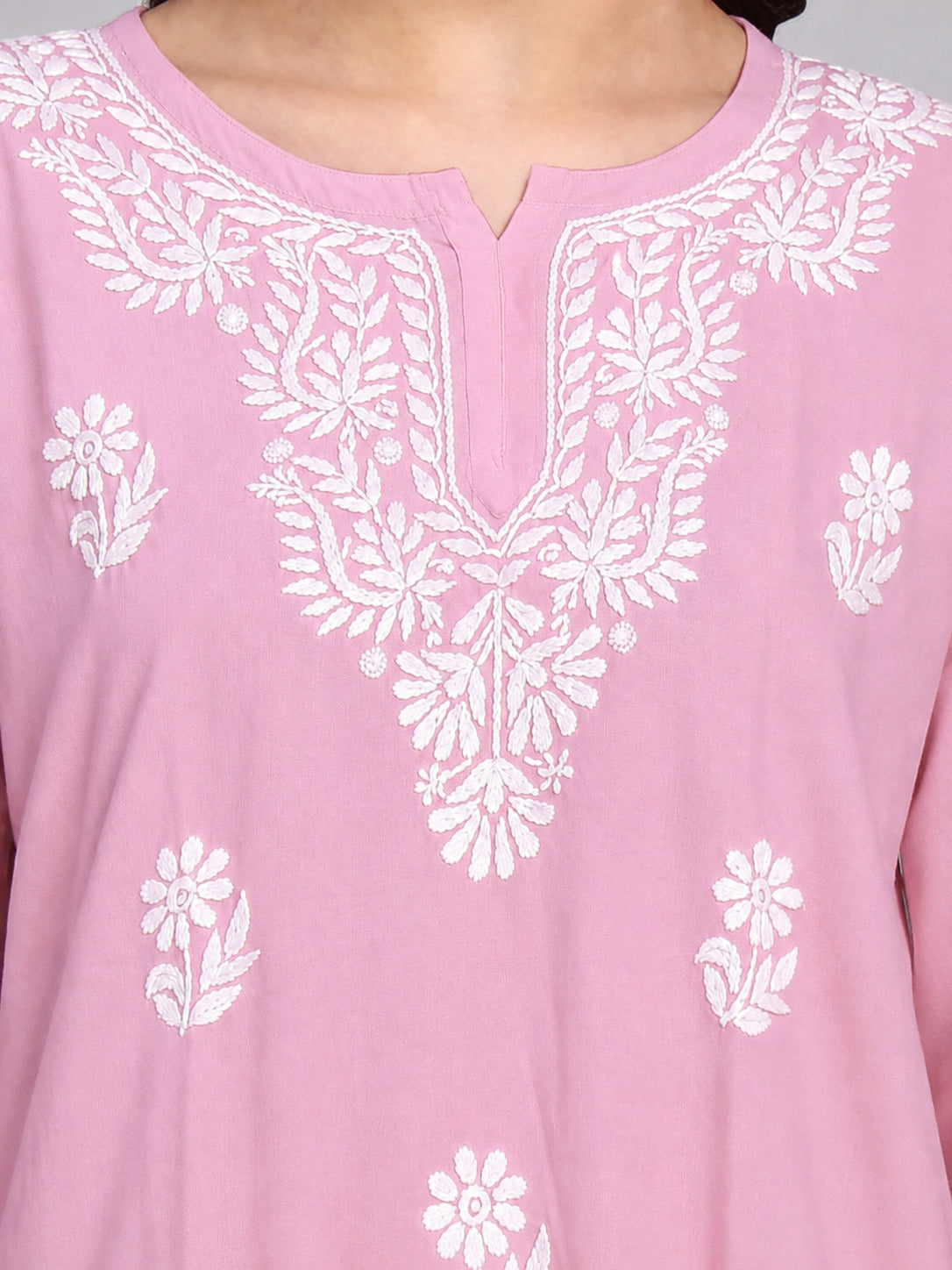 Sirat Rayon Short Top with handcrafted-inspired Chikankari embroidery and floral motifs, designed for women seeking stylish and comfortable daily ethnic wear.