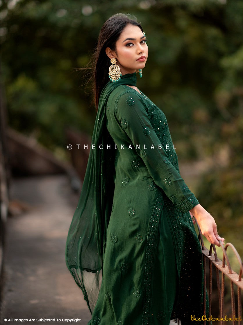 Trending wedding wear featuring a soft viscose chikankari kurti palazzo and shimmer dupatta ensemble.