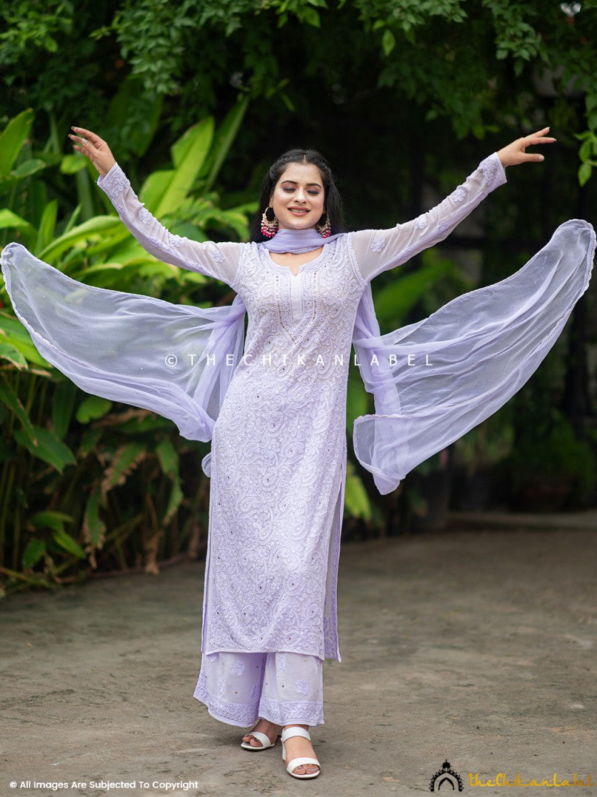 Viscose chikankari set designed for weddings and parties, featuring straight kurti, embroidered palazzo, and mukaish-detailed dupatta.