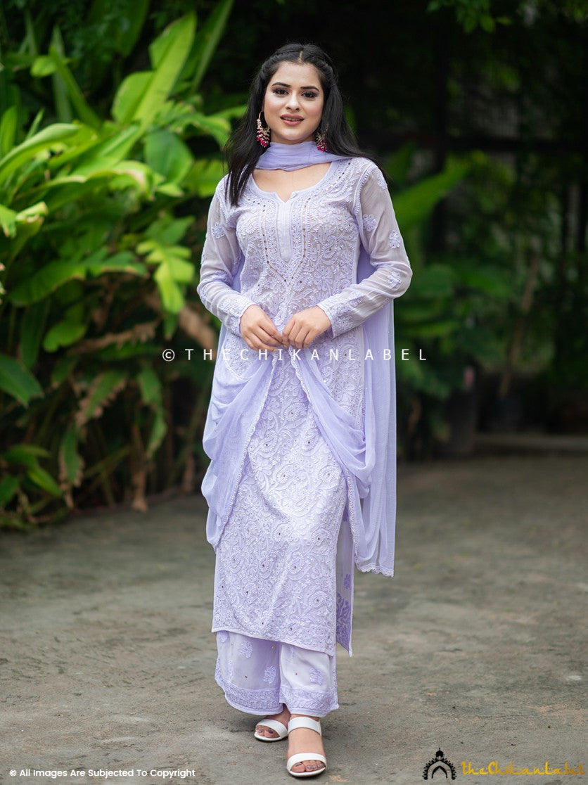 Embroidered viscose kurti palazzo set paired with lightweight dupatta, showcasing timeless chikankari artistry.