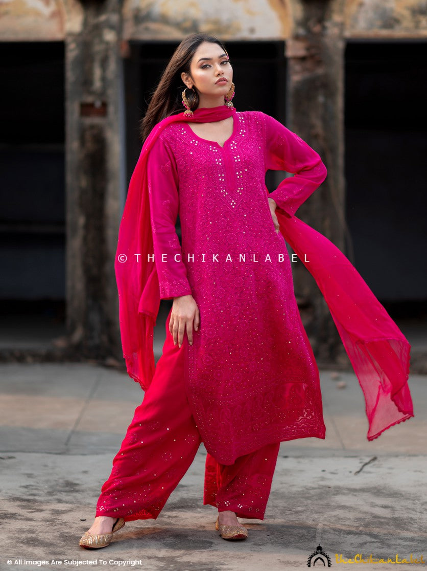 Sitara Chikankari Viscose Kurta Set with Dupatta Rani Pink