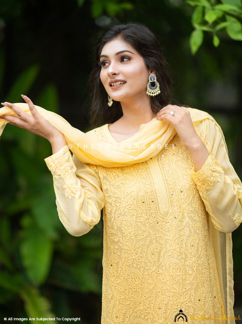 Model showcasing a viral chikankari set in soft viscose fabric with handcrafted embroidery and festive-ready silhouette.