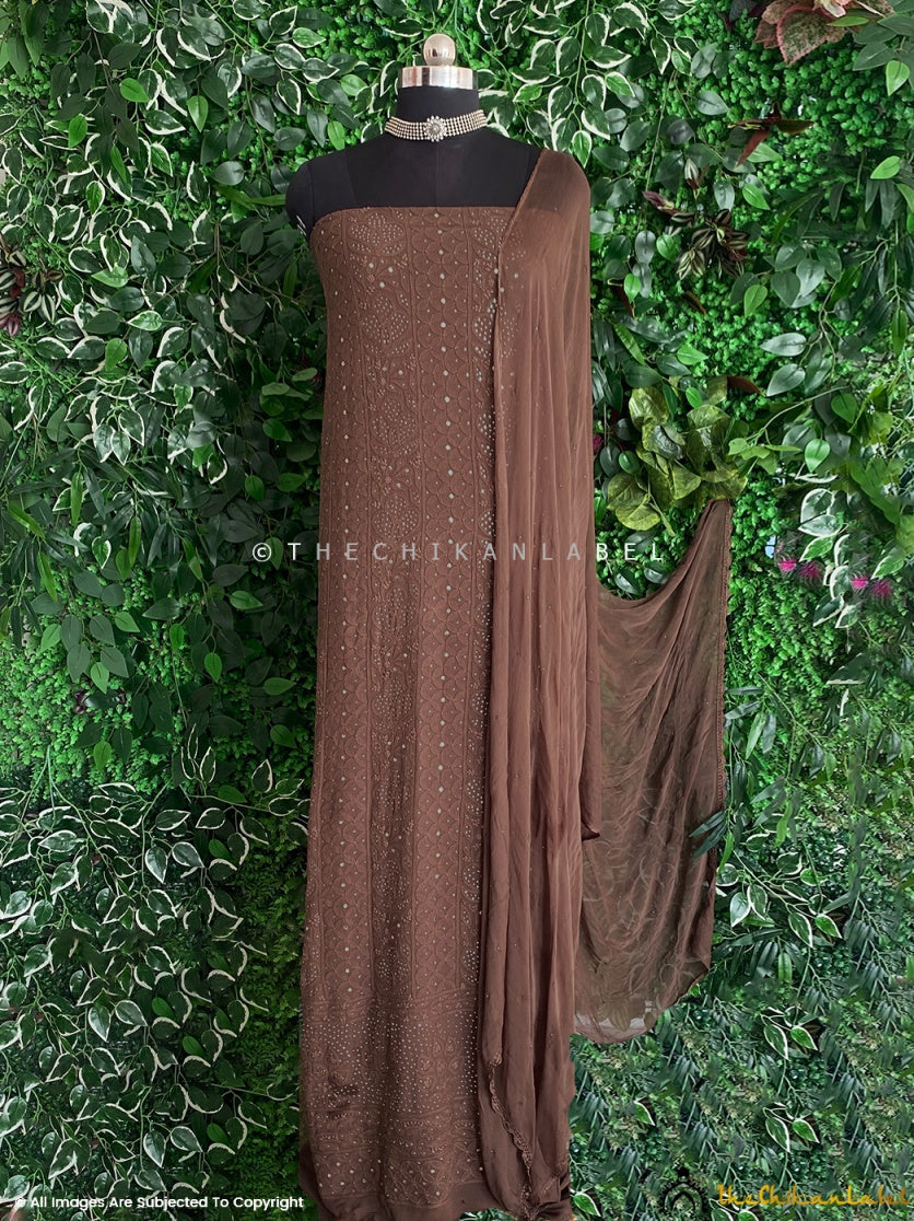 Siya Viscose Chikankari Kurti Piece with Dupatta - Choco