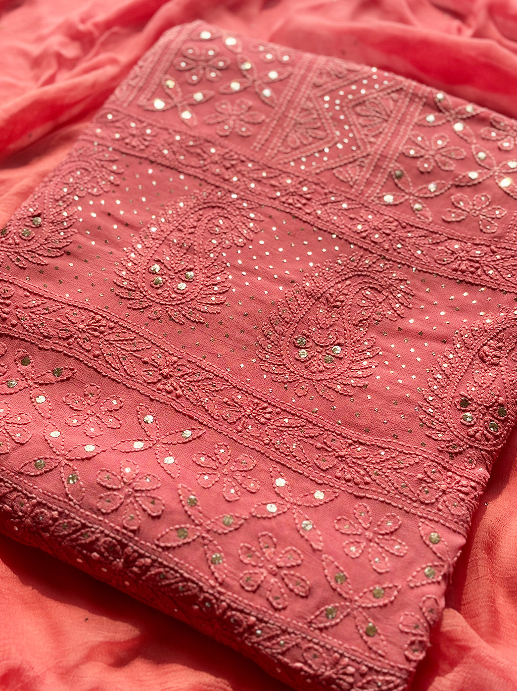 “Premium viscose chikankari kurta fabric with dupatta showcasing traditional floral and paisley embroidery”