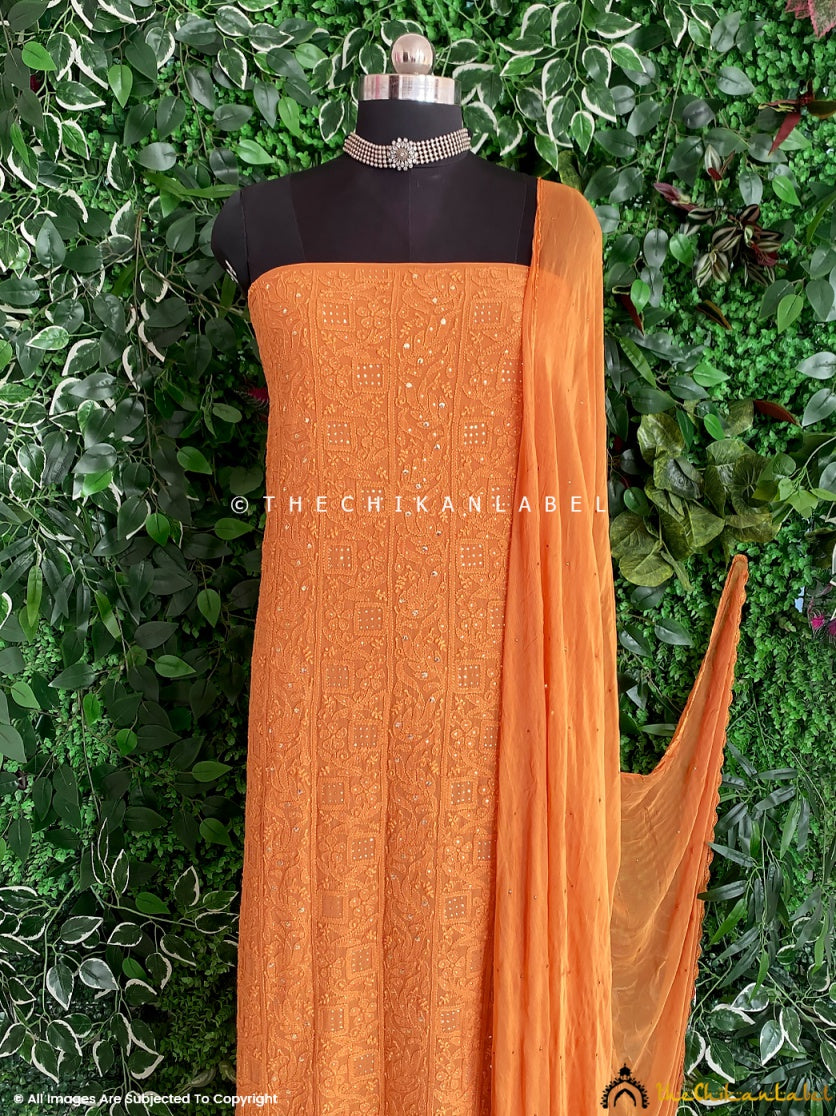 Siya Viscose Chikankari Kurti Piece with Dupatta - Orange