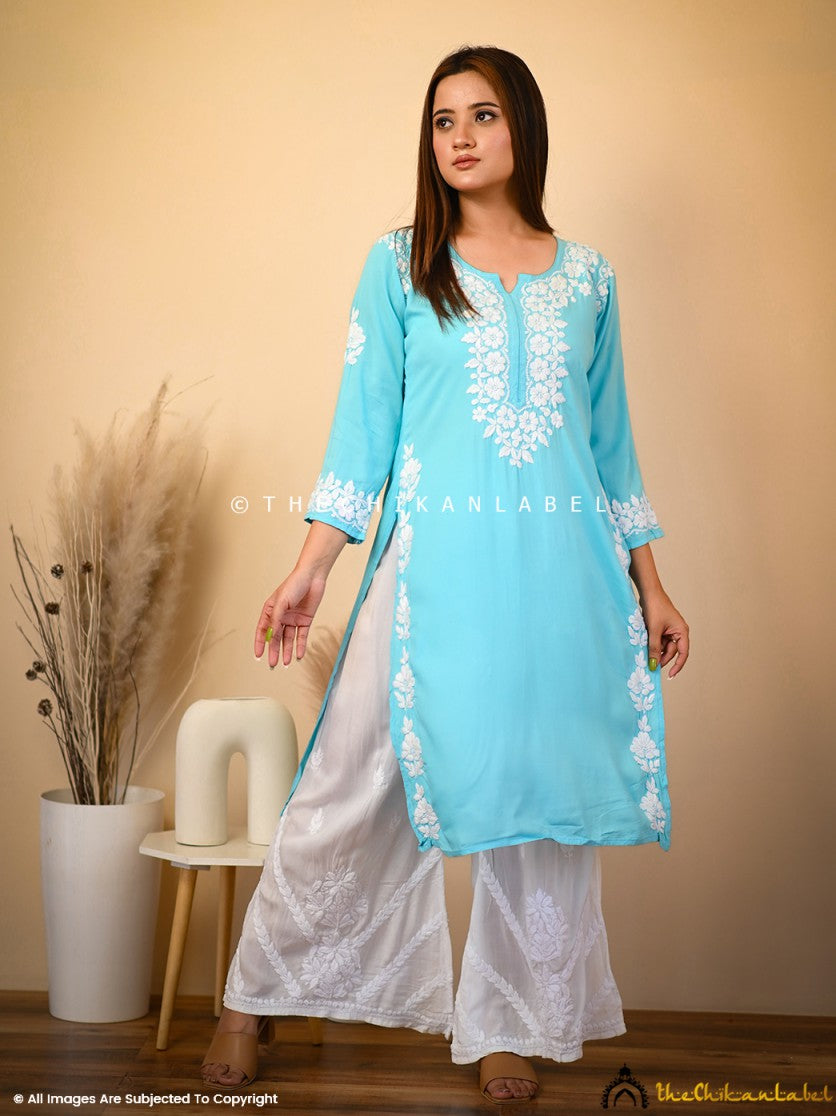 Sky Blue Aisha Rayon Chikankari Straight Kurti ,Chikankari Straight Kurti in Rayon Fabric For Woman