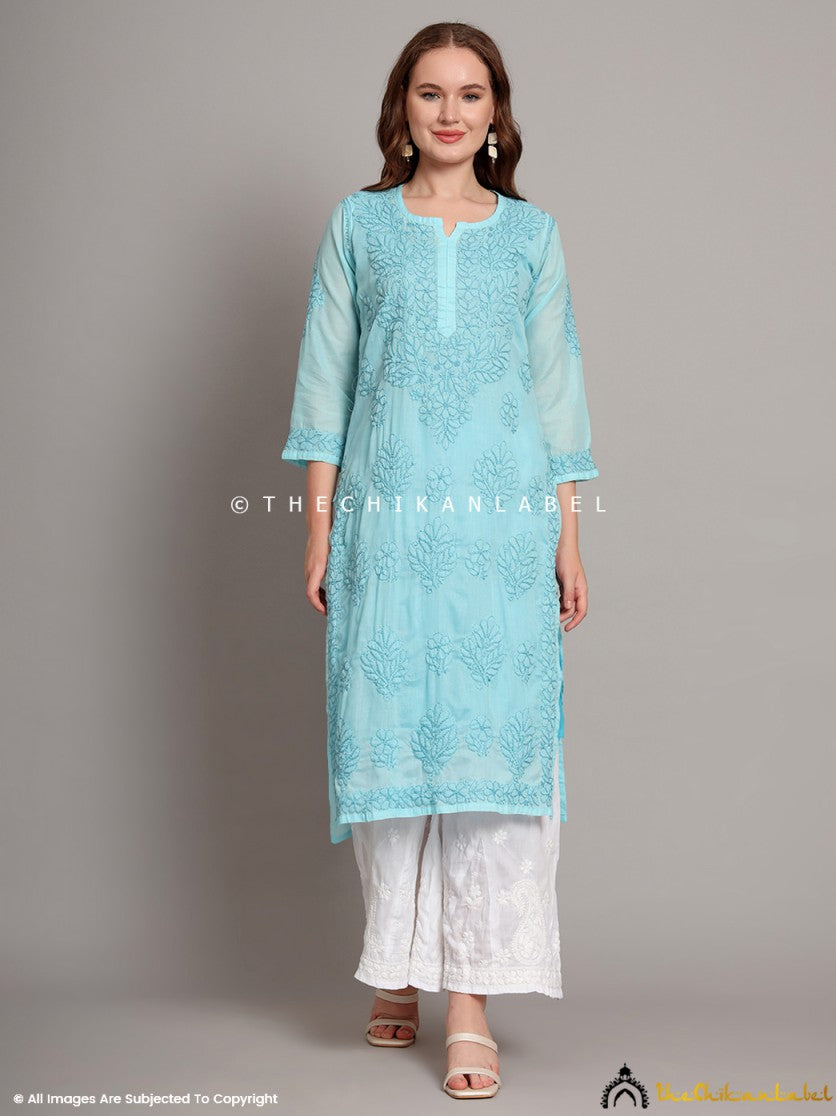 Sky Blue Leggings With White Kurti Comfortable Daily Wear—Skyblue