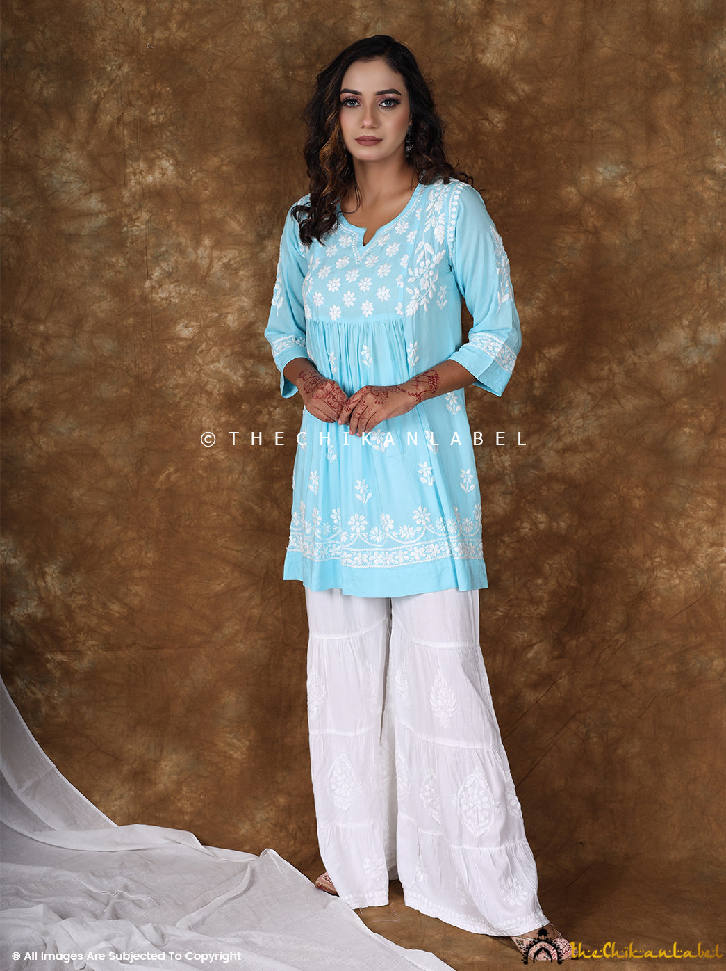 Sky Blue Navya Modal Chikankari Tunic Top , Chikankari Tunic Topi n Modal Fabric For Woman
