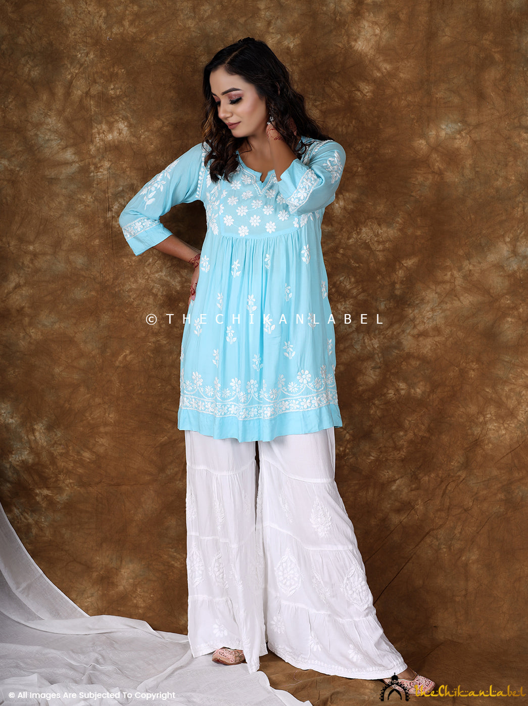 Sky Blue Navya Modal Chikankari Tunic Top , Chikankari Tunic Topi n Modal Fabric For Woman