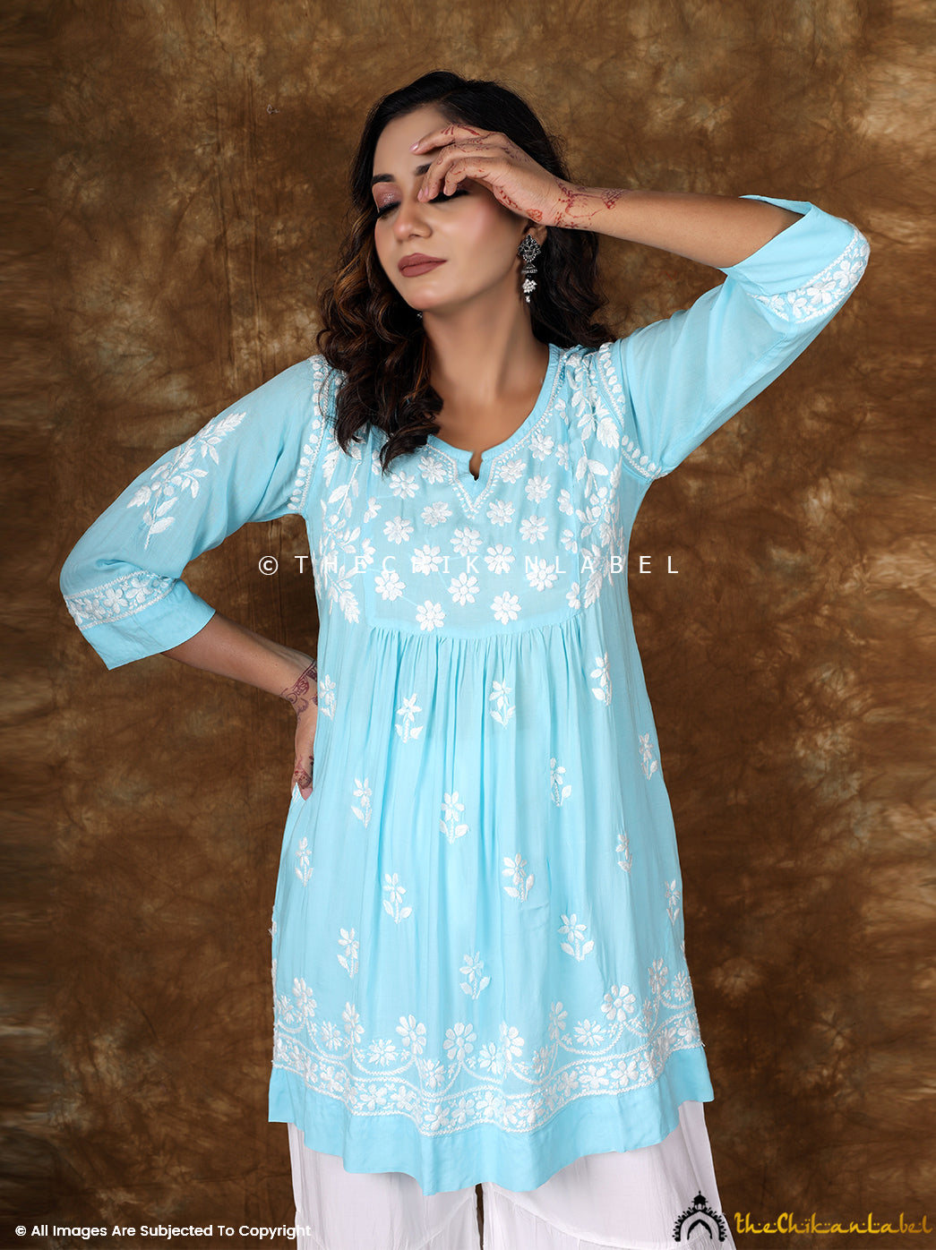 Sky Blue Navya Modal Chikankari Tunic Top , Chikankari Tunic Topi n Modal Fabric For Woman