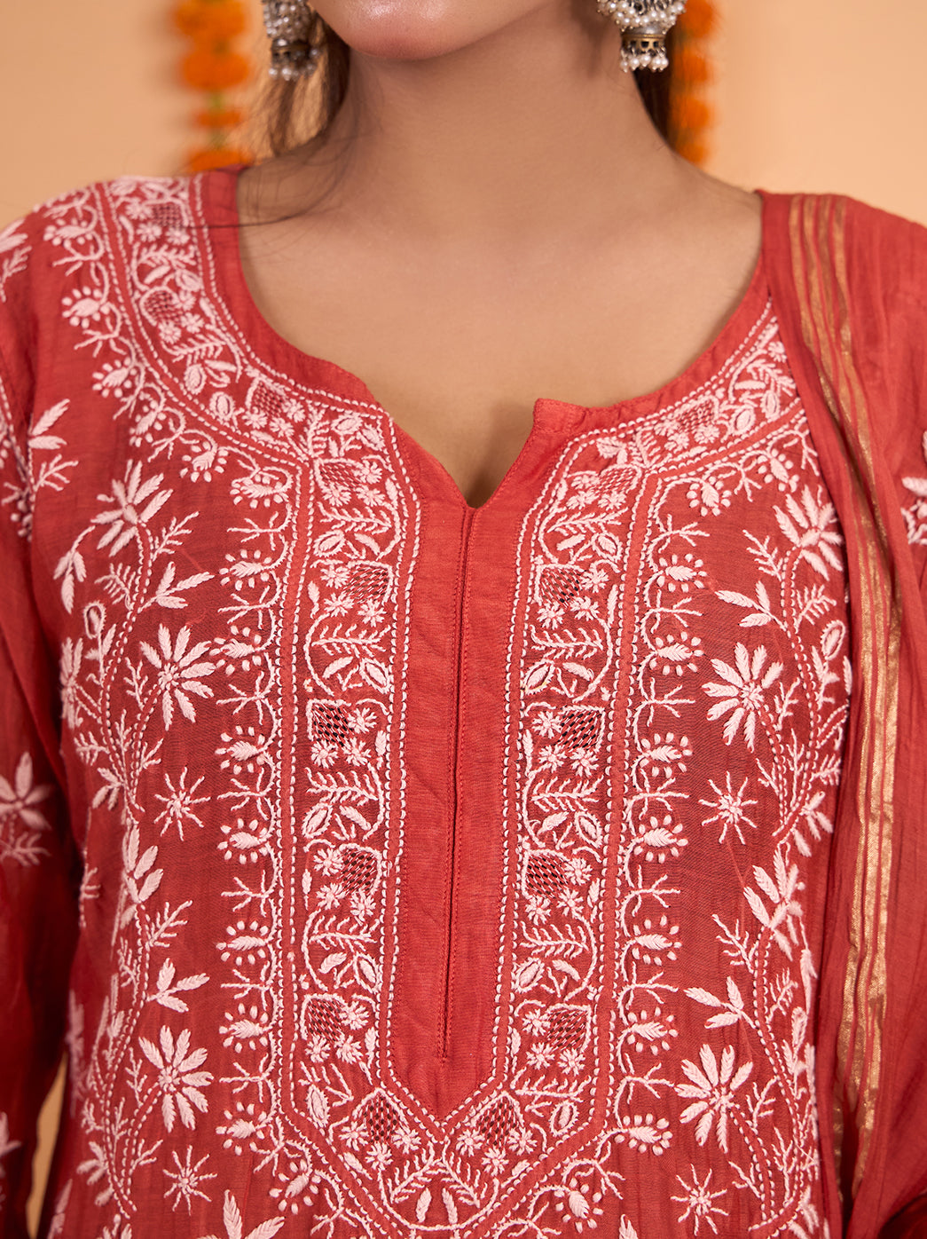 Full outfit view of the Sofia Chikankari set, showing the straight kurta silhouette, wide-leg palazzo pants and embroidered dupatta falling alongside the model.