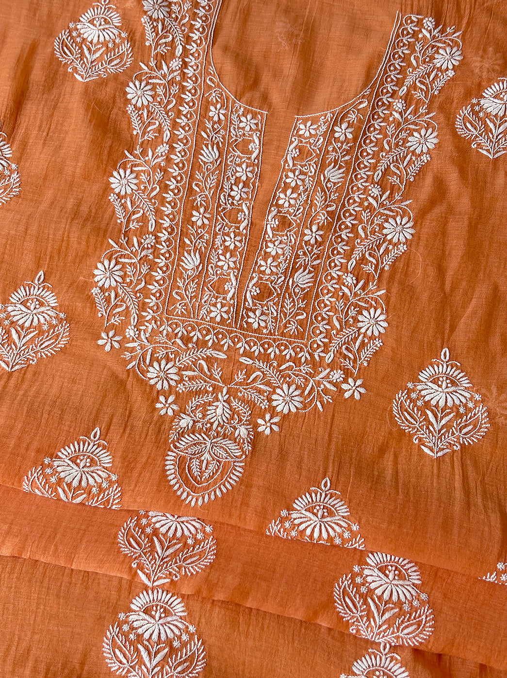 Traditional lucknowi chikankari unstitched mul chanderi kurti material with detailed embroidery and soft dupatta